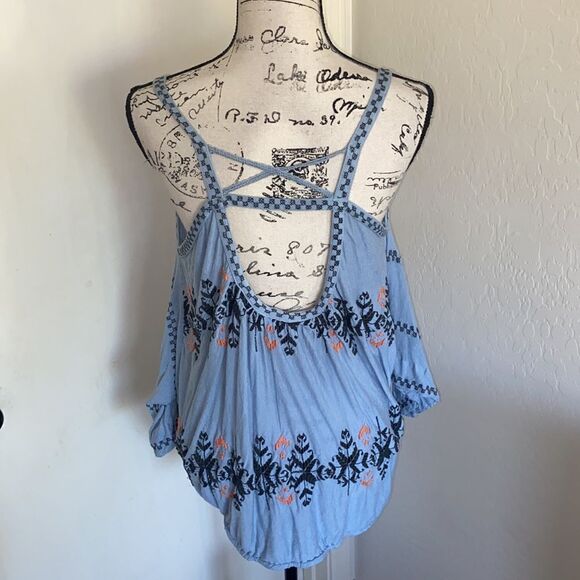 Free People Blue Embroidered Cold Shoulder Top Contemporary Festival Boho - Picture 4 of 14